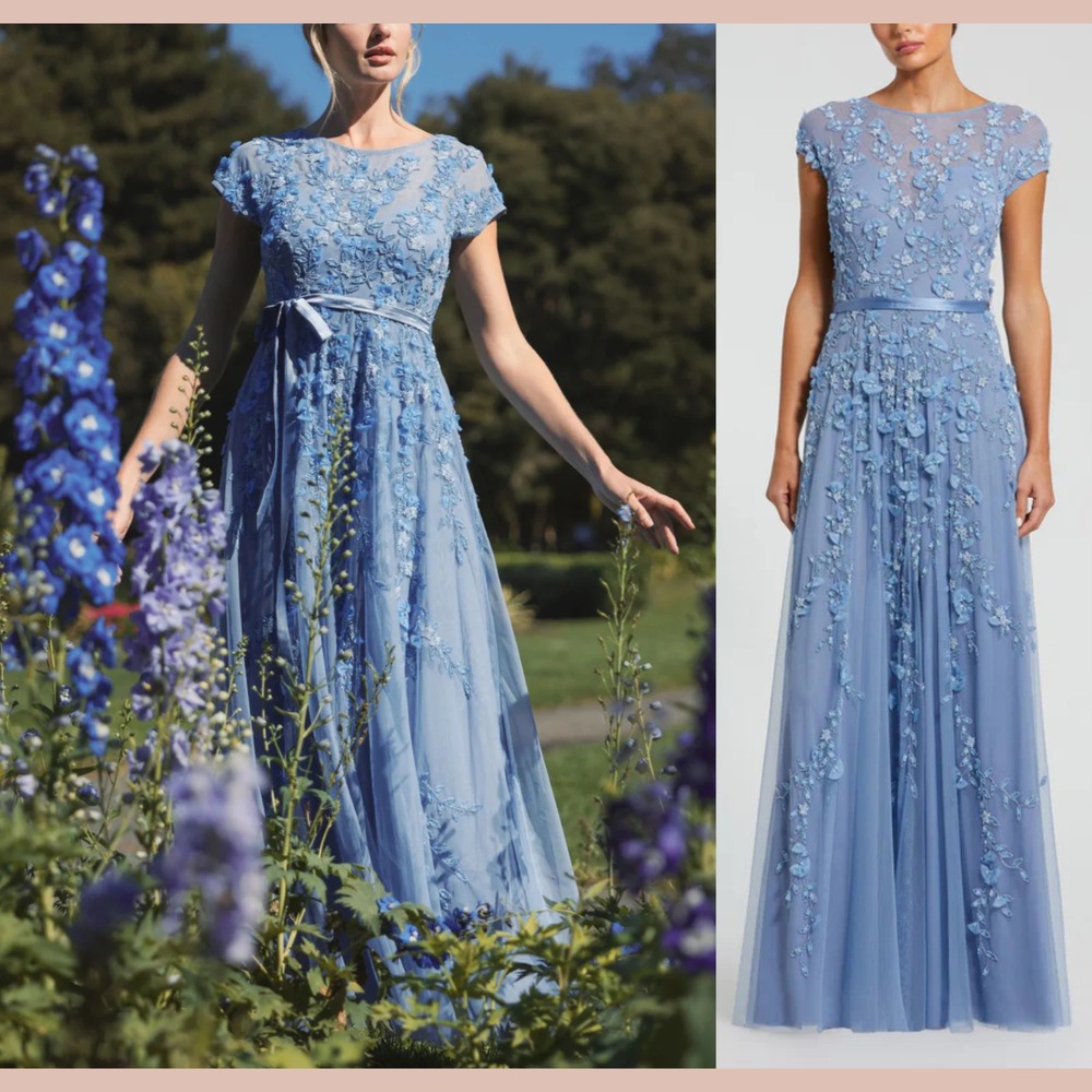 NWT Mac Duggal [ 18 ] 14521 Floral Embellished Short Sleeve Mesh Gown Blue J1710